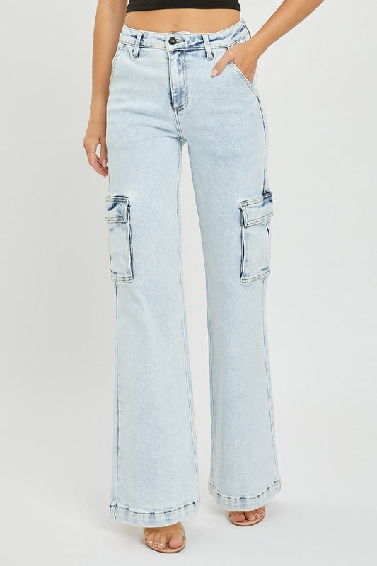 Risen High Rise Wide Leg Cargo Light Wash Jeans
