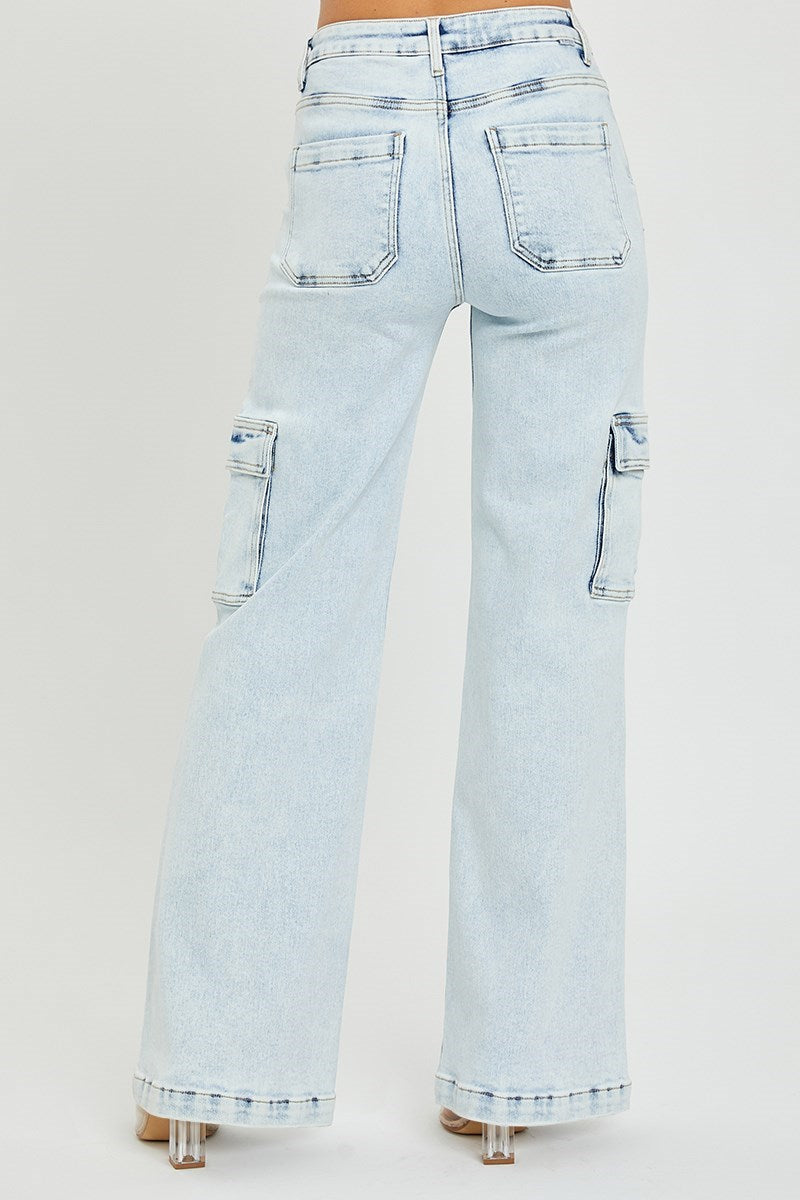 Risen High Rise Wide Leg Cargo Light Wash Jeans