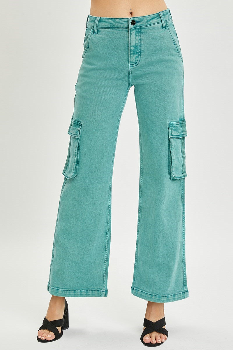 Risen High Rise Wide Leg Cargo Pocket Pants In Jade