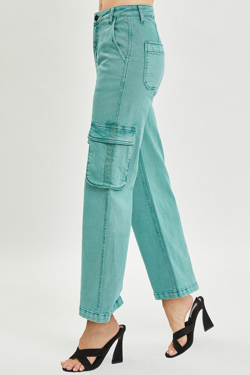 Risen High Rise Wide Leg Cargo Pocket Pants In Jade