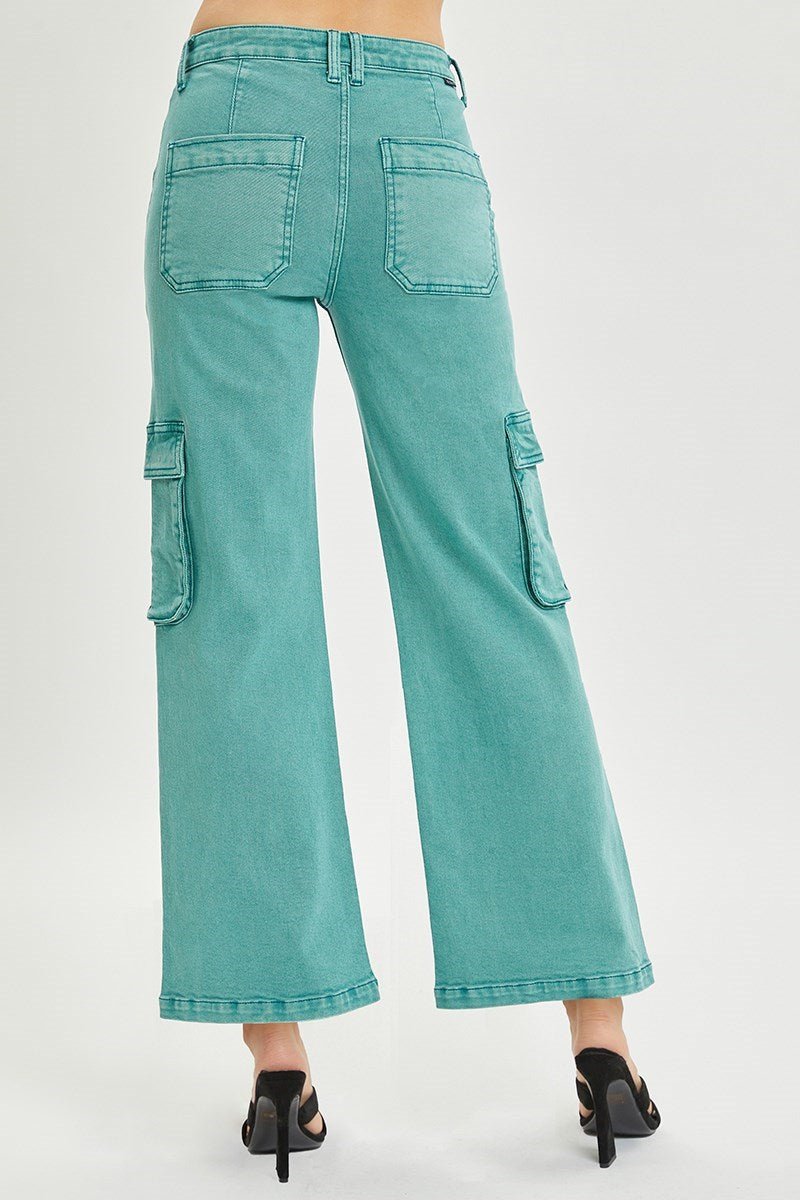 Risen High Rise Wide Leg Cargo Pocket Pants In Jade