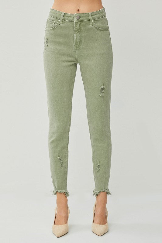 Risen High Rise Crop Skinny Olive Fray Hem Jeans