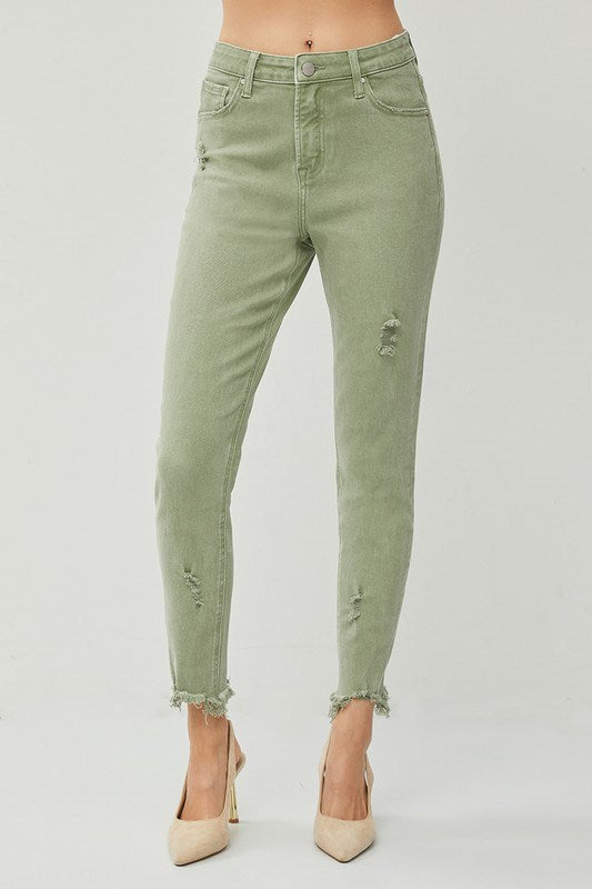 Risen High Rise Crop Skinny Olive Fray Hem Jeans