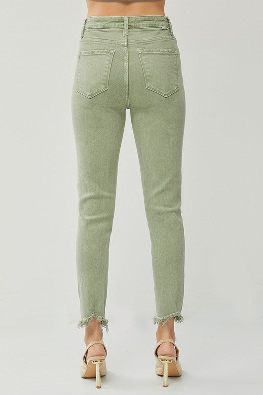 Risen High Rise Crop Skinny Olive Fray Hem Jeans