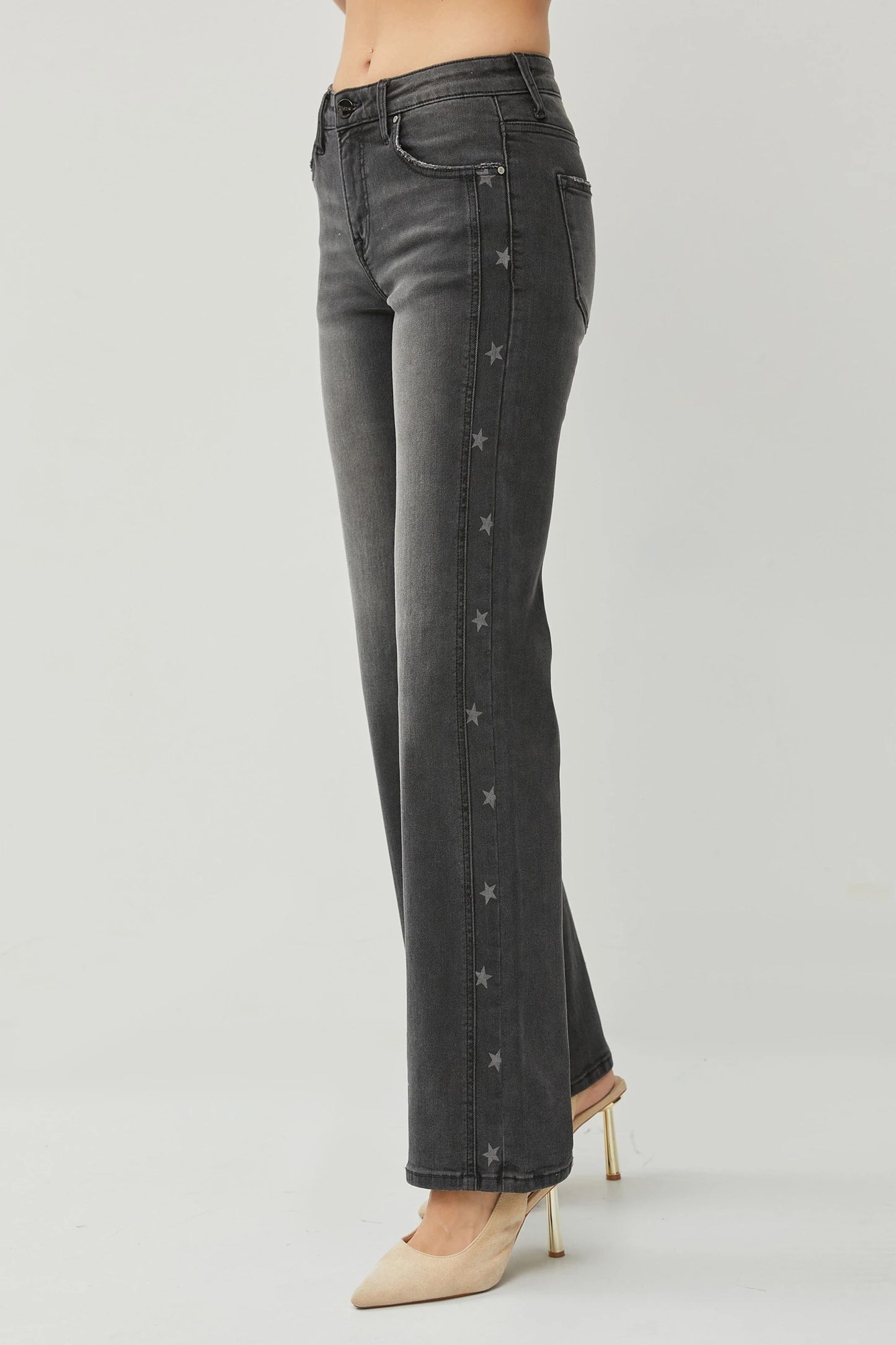 Risen Mid Rise Side Star Print Detail Straight Leg Jean