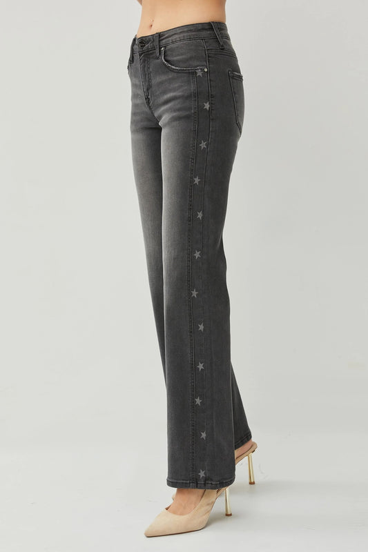 Risen Mid Rise Side Star Print Detail Straight Leg Jean