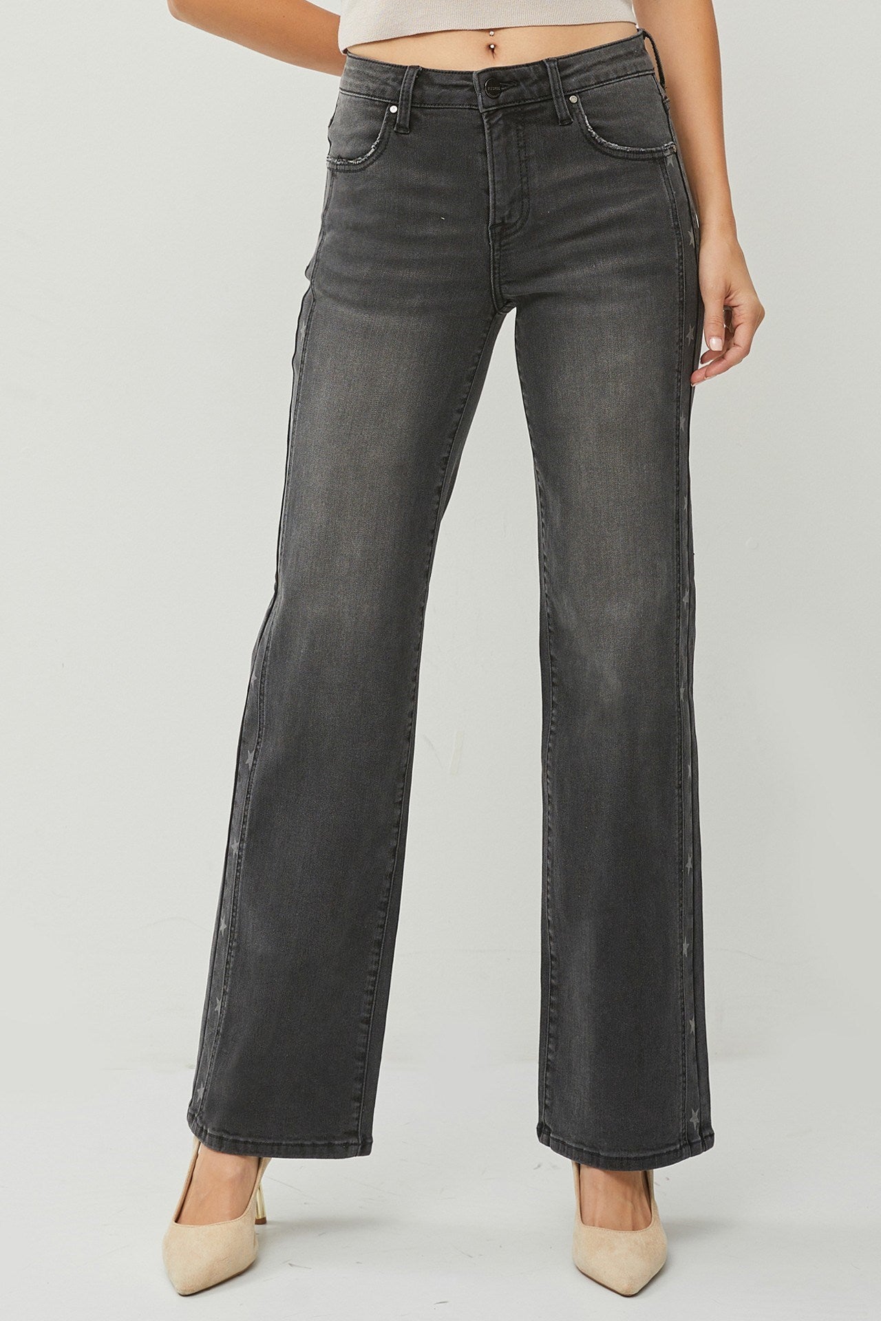 Risen Mid Rise Side Star Print Detail Straight Leg Jean