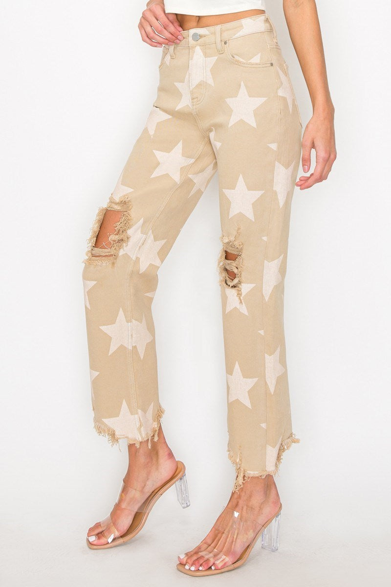 Risen Khaki High Rise Star Printed Straight Leg Jeans