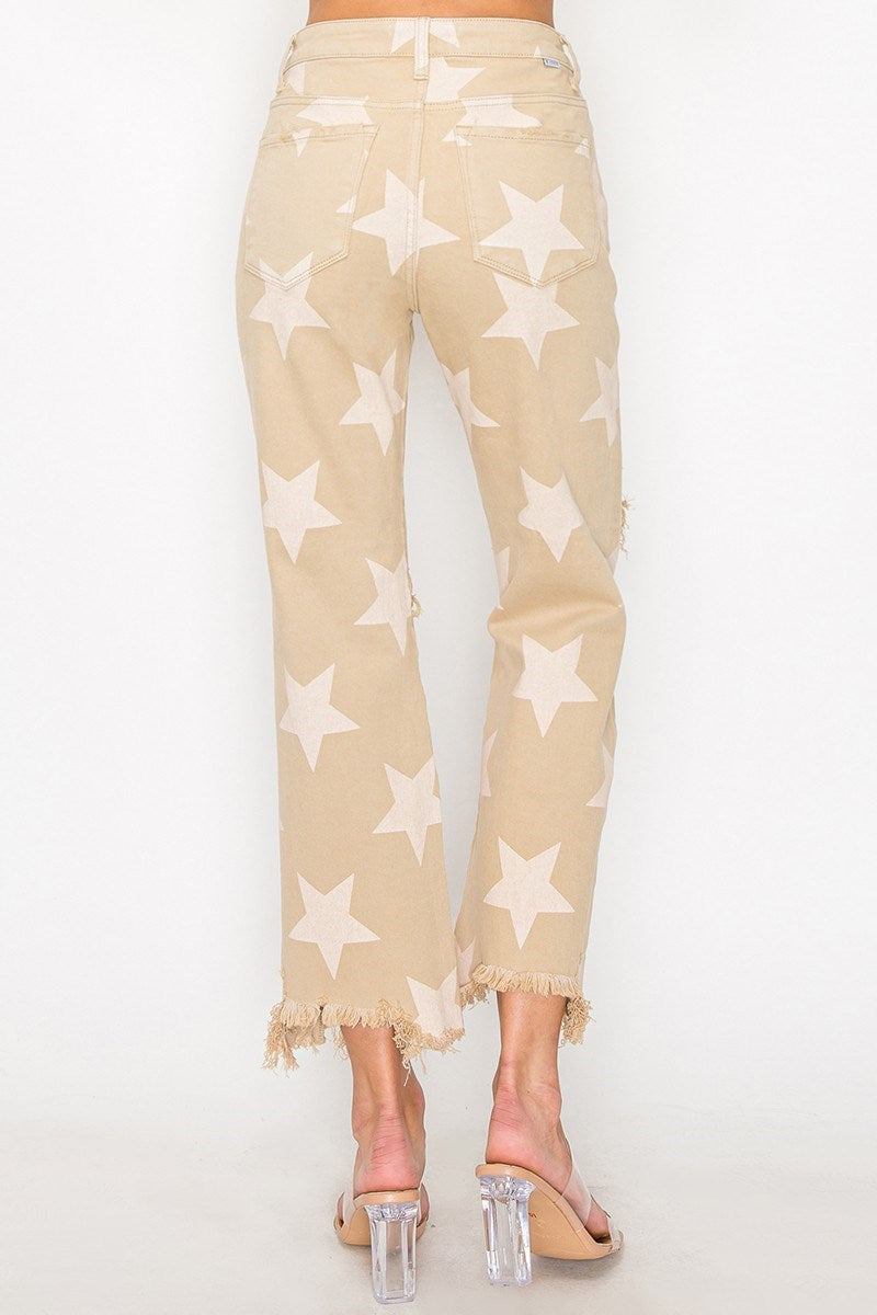 Risen Khaki High Rise Star Printed Straight Leg Jeans