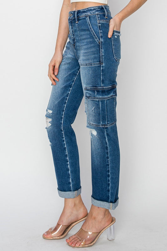 Risen High Rise Ankle Straight Roll Up Jeans