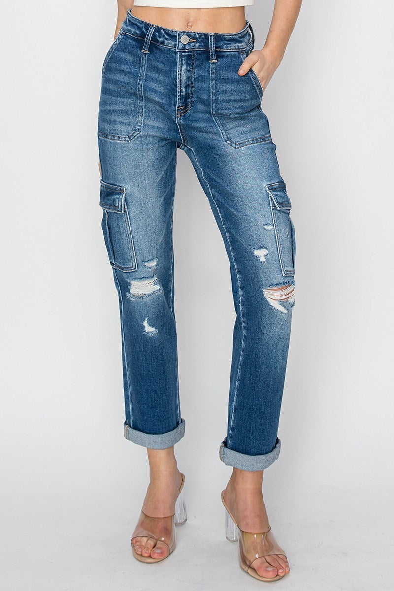 Risen High Rise Ankle Straight Roll Up Jeans