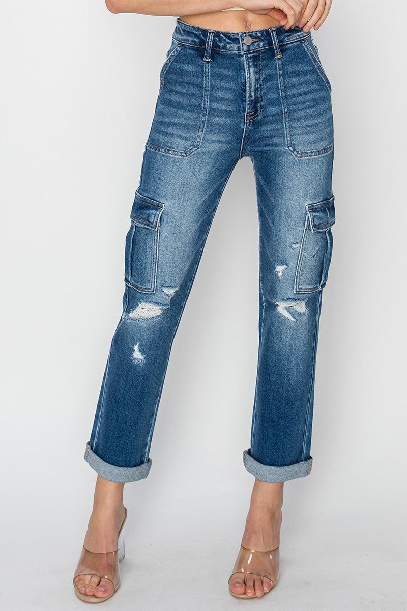 Risen High Rise Ankle Straight Roll Up Jeans
