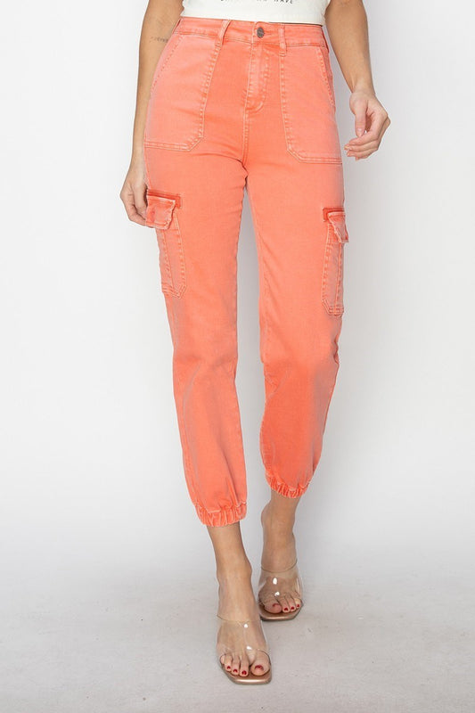 Risen High Rise Crop Cargo Joggers Salmon