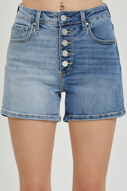 Risen High Rise Contrast Wash Denim Shorts