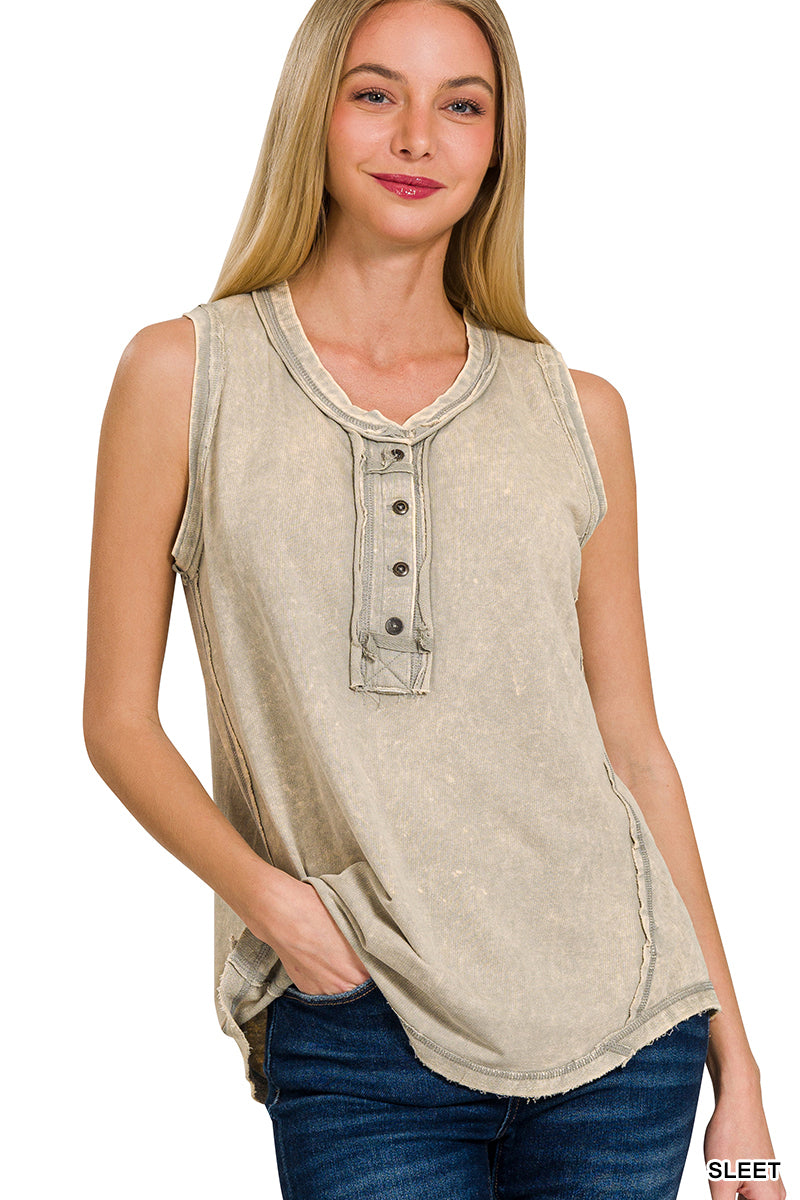 Washed Half Button Raw Edge Sleeveless Henley Top