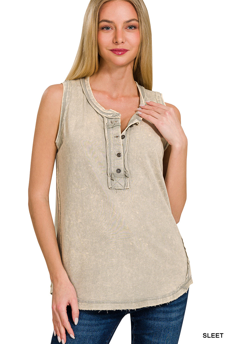 Washed Half Button Raw Edge Sleeveless Henley Top