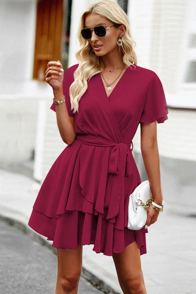 Burgundy V-Neck Ruffle Mini Dress