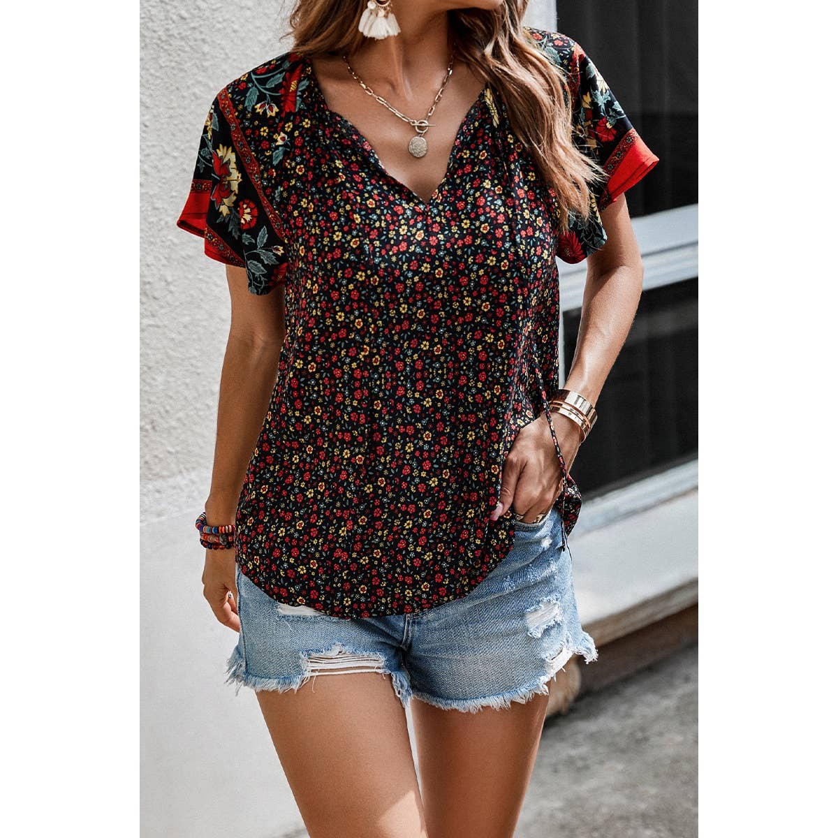 Floral Boho Ruffle V Neck Short Sleeve Loose Shirt