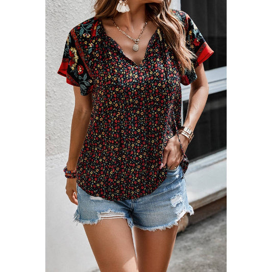 Floral Boho Ruffle V Neck Short Sleeve Loose Shirt