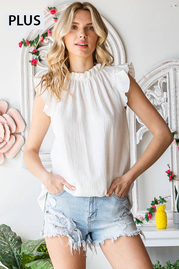 Plus Size Crinkle Ruffle Mock Neck Ruffle Sleeve Blouse