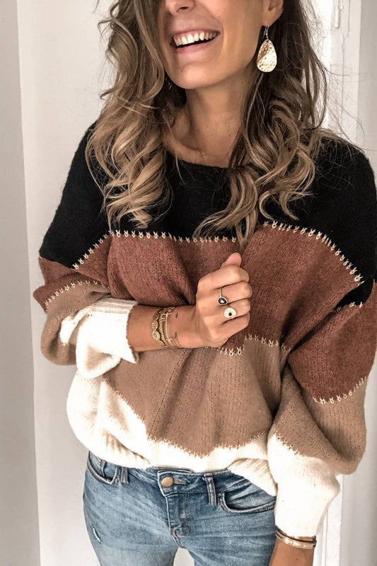 COLOR BLOCK CREW NECK MID-LENGTH KNITTED SWEATER