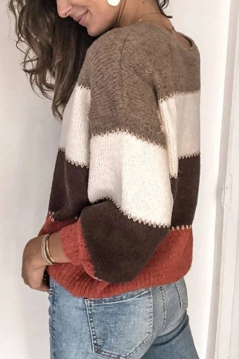 COLOR BLOCK CREW NECK MID-LENGTH KNITTED SWEATER