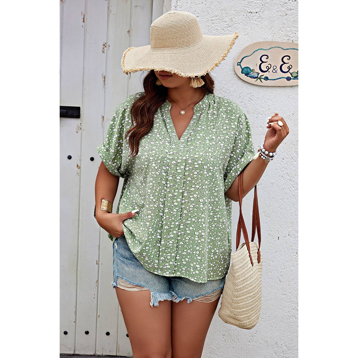 Plus Floral Print V Neck Short Sleeve Loose Blouse