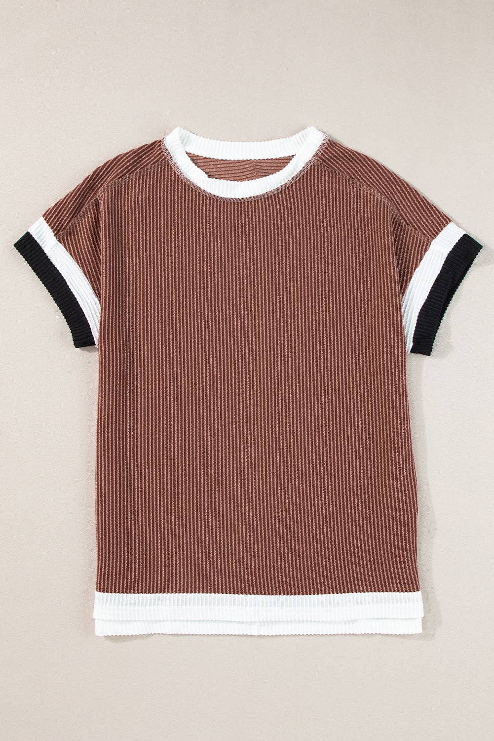 Textured Contrast Trim Round Neck T Shirt