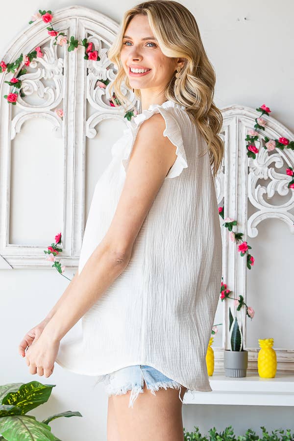 Plus Size Crinkle Ruffle Mock Neck Ruffle Sleeve Blouse