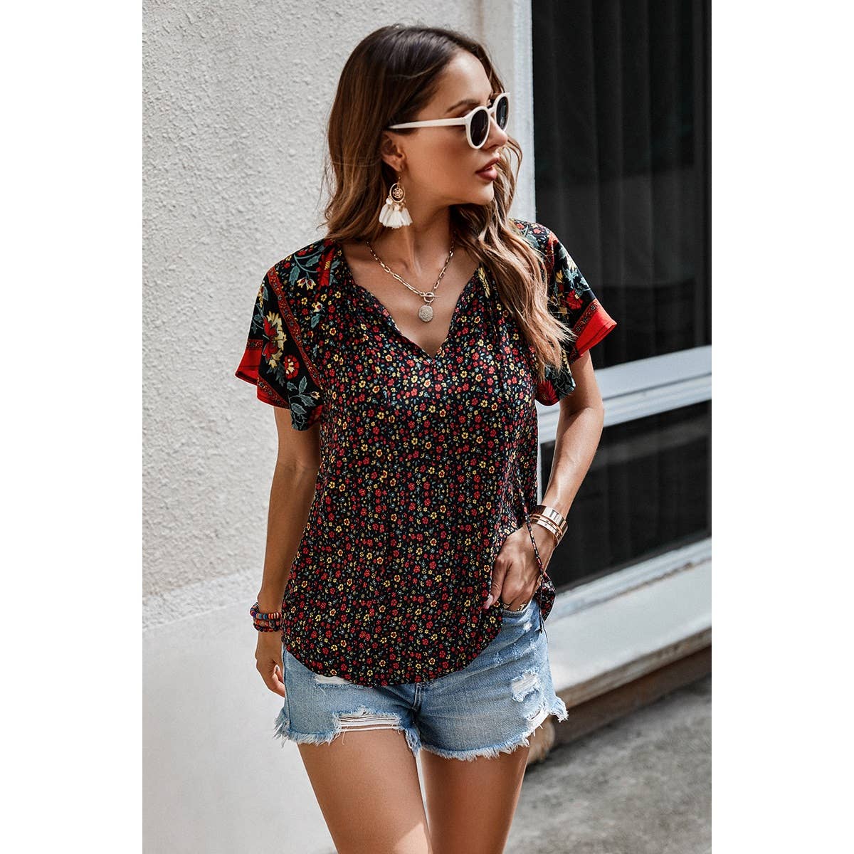 Floral Boho Ruffle V Neck Short Sleeve Loose Shirt