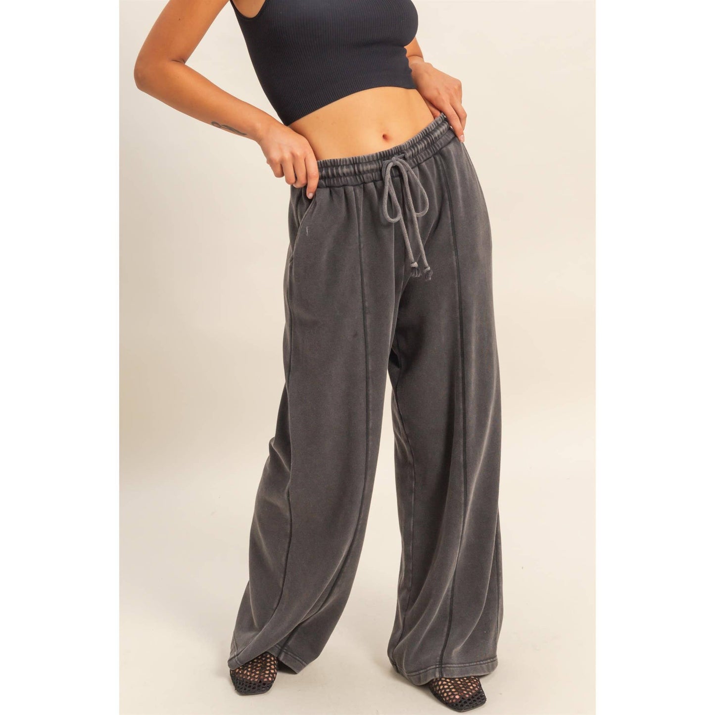 Acid Wash French Terry Wide-Leg Pants