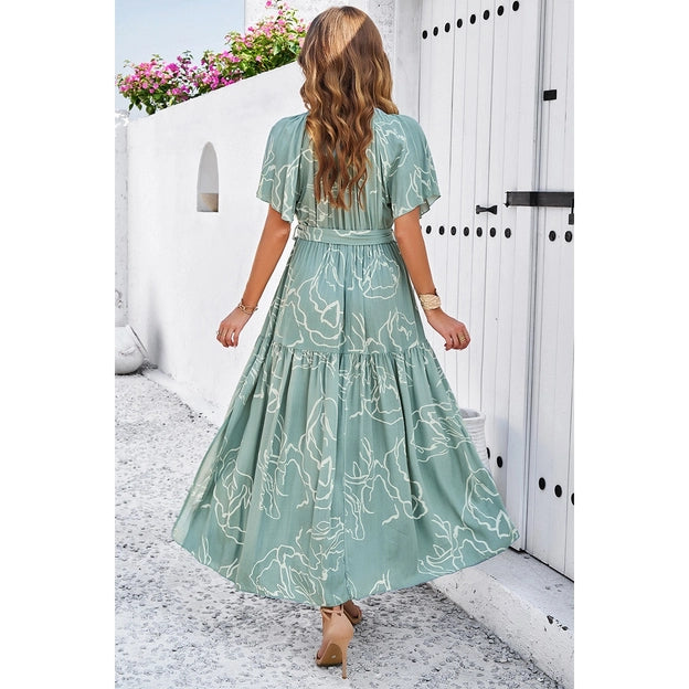 Allover Print V Neck Fit Belt A Line Long Dress